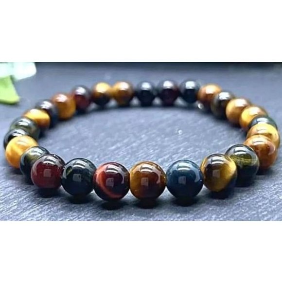 10mm Trinity Tiger's Eye Courage, Luck, Calming Stretch Bracelet - Picture 1 of 9